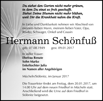 Traueranzeige von Hermann Schönfuß von Mitteldeutsche Zeitung Merseburg/Querfurt