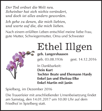 Traueranzeige von Ethel Illgen von Mitteldeutsche Zeitung Merseburg/Querfurt