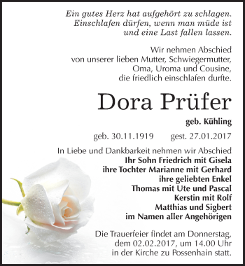Traueranzeige von Dora Prüfer von Mitteldeutsche Zeitung Naumburg/Nebra
