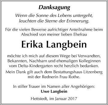 Traueranzeige von Erika Langbein von Mitteldeutsche Zeitung Mansfelder Land