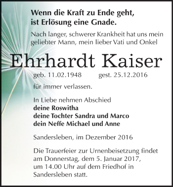 Traueranzeige von Ehrhardt Kaiser von Mitteldeutsche Zeitung Mansfelder Land