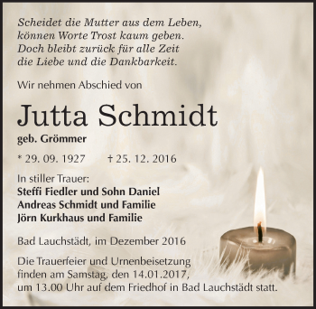Traueranzeige von Jutta Schmidt von Mitteldeutsche Zeitung Merseburg/Querfurt
