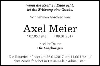 Traueranzeige von Axel Meier von WVG - Wochenspiegel Dessau / Köthen