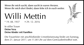 Traueranzeige von Willi Mettin von Mitteldeutsche Zeitung Halle/Saalkreis