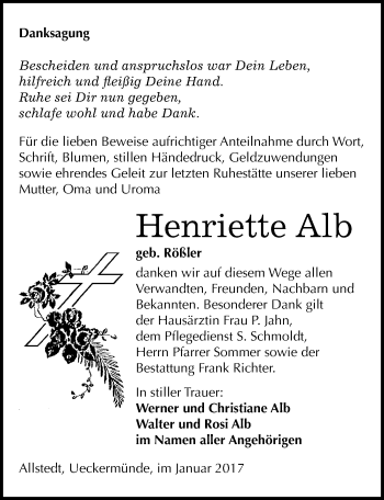 Traueranzeige von Henriette Alb von Mitteldeutsche Zeitung Sangerhausen