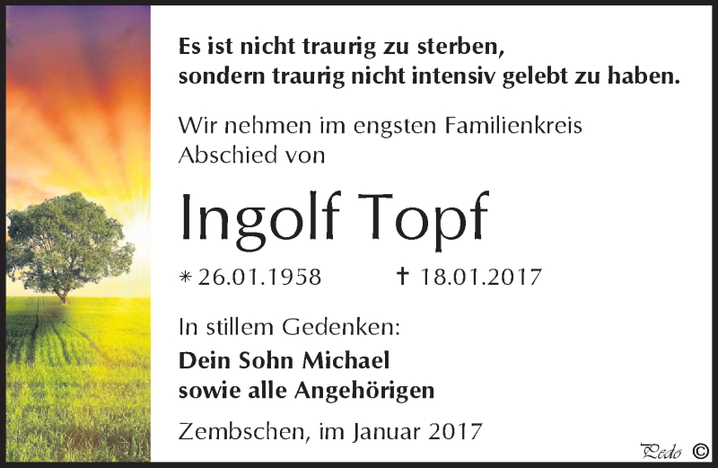  Traueranzeige für Ingolf Topf vom 28.01.2017 aus Mitteldeutsche Zeitung Weißenfels
