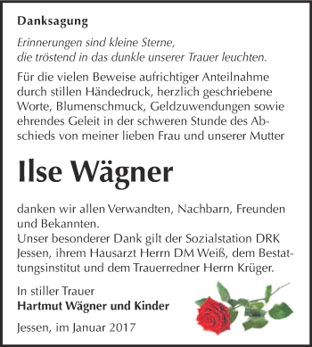 Traueranzeige von Ilse Wägner von Super Sonntag Wittenberg