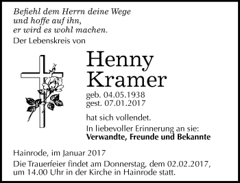 Traueranzeige von Henny Kramer von Mitteldeutsche Zeitung Sangerhausen