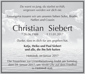 Traueranzeige von Christian Siebert von Mitteldeutsche Zeitung Mansfelder Land