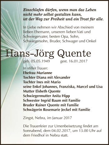Traueranzeige von Hans-Jörg Quente von WVG - Wochenspiegel NMB / WSF / ZTZ