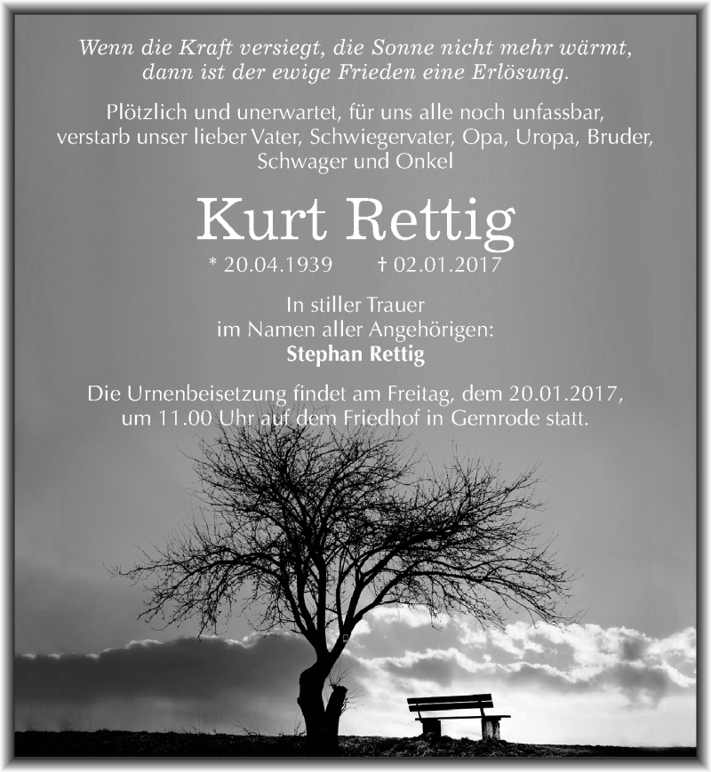  Traueranzeige für Kurt Rettig vom 14.01.2017 aus Mitteldeutsche Zeitung Quedlinburg