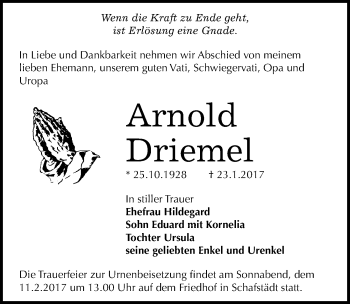 Traueranzeige von Arnold Driemel von Mitteldeutsche Zeitung Merseburg/Querfurt