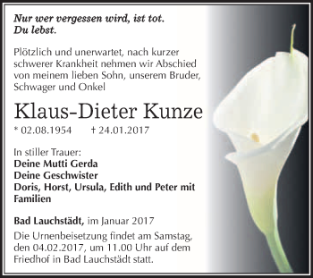 Traueranzeige von Klaus-Dieter Kunze von Super Sonntag Halle