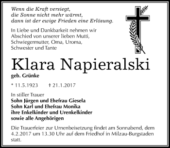 Traueranzeige von Klara Napieralski von Mitteldeutsche Zeitung Merseburg/Querfurt