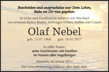 Traueranzeige von Olaf Nebel von Super Sonntag Halle