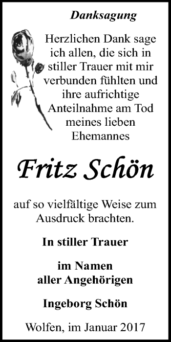 Traueranzeige von Fritz Schön von Mitteldeutsche Zeitung Bitterfeld