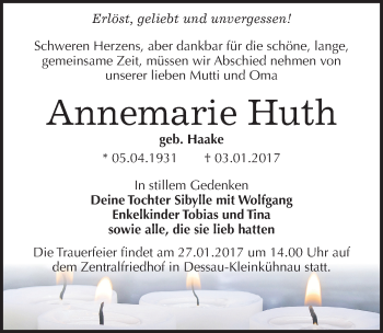 Traueranzeige von Annemarie Huth von Mitteldeutsche Zeitung Dessau-Roßlau