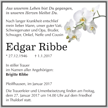 Traueranzeige von Edgar Ribbe von Wochenspiegel Mansfelder Land