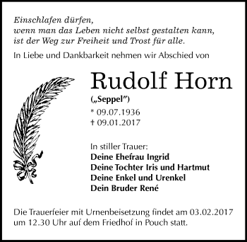 Traueranzeige von Rudolf Horn von Mitteldeutsche Zeitung Bitterfeld