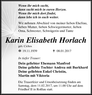 Traueranzeige von Karin Elisabeth Horlach von Mitteldeutsche Zeitung Dessau-Roßlau