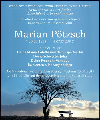 Traueranzeige von Marian Pötzsch von Mitteldeutsche Zeitung Bitterfeld