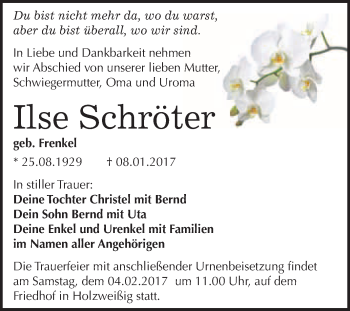 Traueranzeige von Ilse Schröter von WVG - Wochenspiegel Bitterfeld