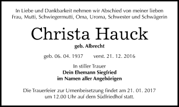 Traueranzeige von Christa Hauck von Mitteldeutsche Zeitung Halle/Saalkreis