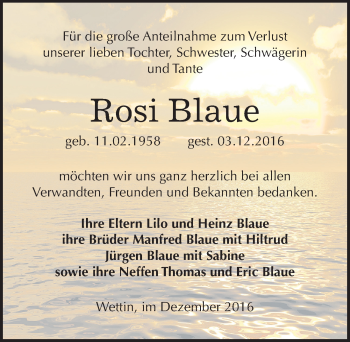 Traueranzeige von Rosi Blaue von Mitteldeutsche Zeitung Halle/Saalkreis