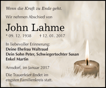 Traueranzeige von John Lahme von Wochenspiegel Mansfelder Land