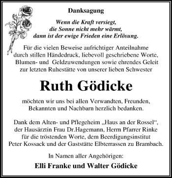Traueranzeige von Ruth Gödicke von Mitteldeutsche Zeitung Dessau-Roßlau