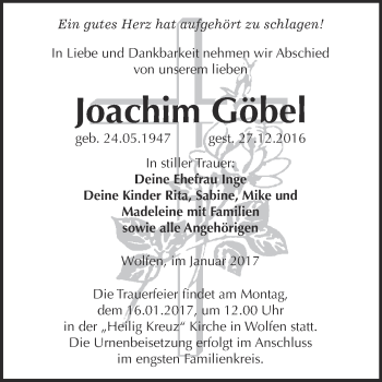 Traueranzeige von Joachim Göbel von WVG - Wochenspiegel Bitterfeld