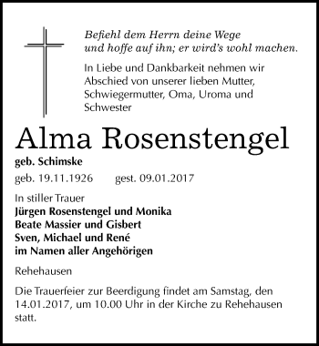 Traueranzeige von Alma Rosenstengel von Mitteldeutsche Zeitung Naumburg/Nebra