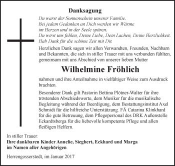Traueranzeige von Wilhelmine Fröhlich von WVG - Wochenspiegel NMB / WSF / ZTZ