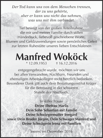 Traueranzeige von Manfred Woköck von WVG - Wochenspiegel Wittenberg