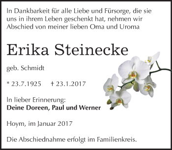 Traueranzeige von Erika Steinecke von Mitteldeutsche Zeitung Aschersleben