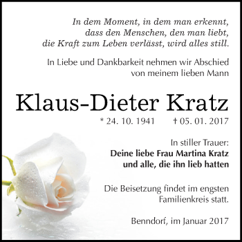 Traueranzeige von Klaus-Dieter Kratz von Wochenspiegel Mansfelder Land