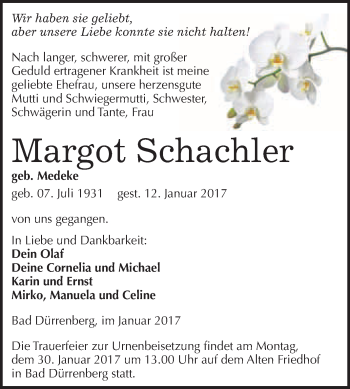 Traueranzeige von Margot Schachler von WVG - Wochenspiegel Merseburg
