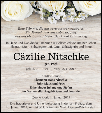 Traueranzeige von Cäzilie Nitschke von WVG - Wochenspiegel Dessau / Köthen
