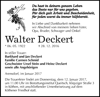 Traueranzeige von Walter Deckert von Mitteldeutsche Zeitung Köthen