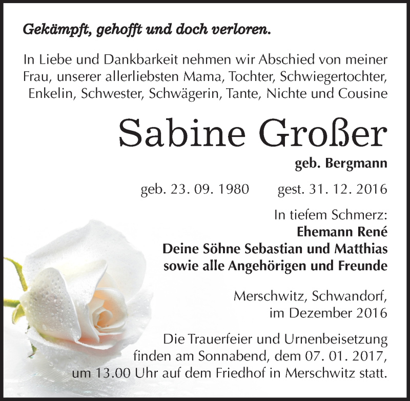  Traueranzeige für Sabine Großer vom 04.01.2017 aus Mitteldeutsche Zeitung Wittenberg