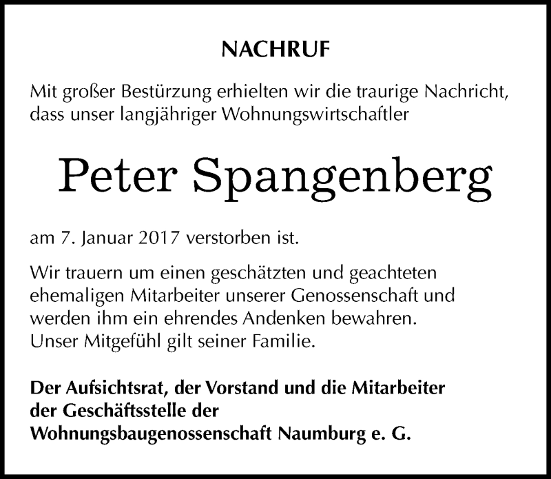  Traueranzeige für Peter Spangenberg vom 21.01.2017 aus Mitteldeutsche Zeitung Naumburg/Nebra