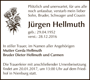 Traueranzeige von Jürgen Hellmuth von Super Sonntag Bernburg