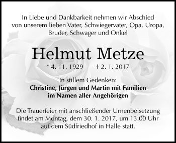 Traueranzeige von Helmut Metze von Mitteldeutsche Zeitung Halle/Saalkreis