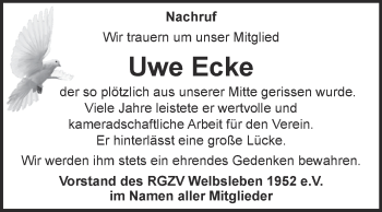 Traueranzeige von Uwe Ecke von Super Sonntag SGH Mansf. Land