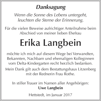Traueranzeige von Erika Langbein von Wochenspiegel Mansfelder Land