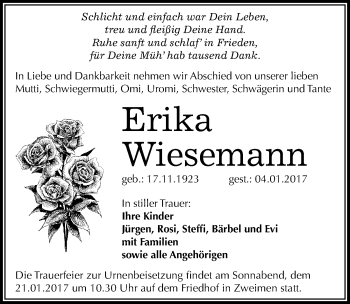Traueranzeige von Erika Wiesemann von Mitteldeutsche Zeitung Merseburg/Querfurt