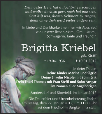 Traueranzeige von Brigitta Kriebel von WVG - Wochenspiegel Bitterfeld