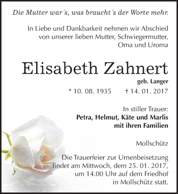 Traueranzeige von Elisabeth Zahnert von Mitteldeutsche Zeitung Naumburg/Nebra