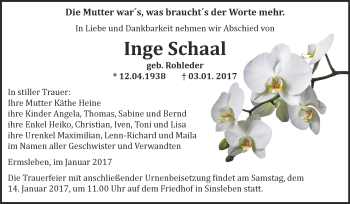 Traueranzeige von Inge Schaal von Super Sonntag Aschersleben