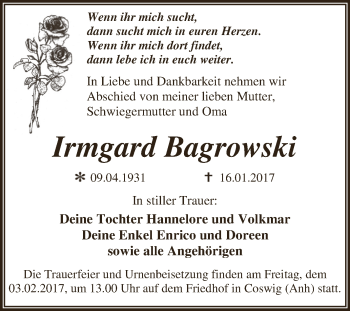 Traueranzeige von Irmgard Bagrowski von Super Sonntag Wittenberg